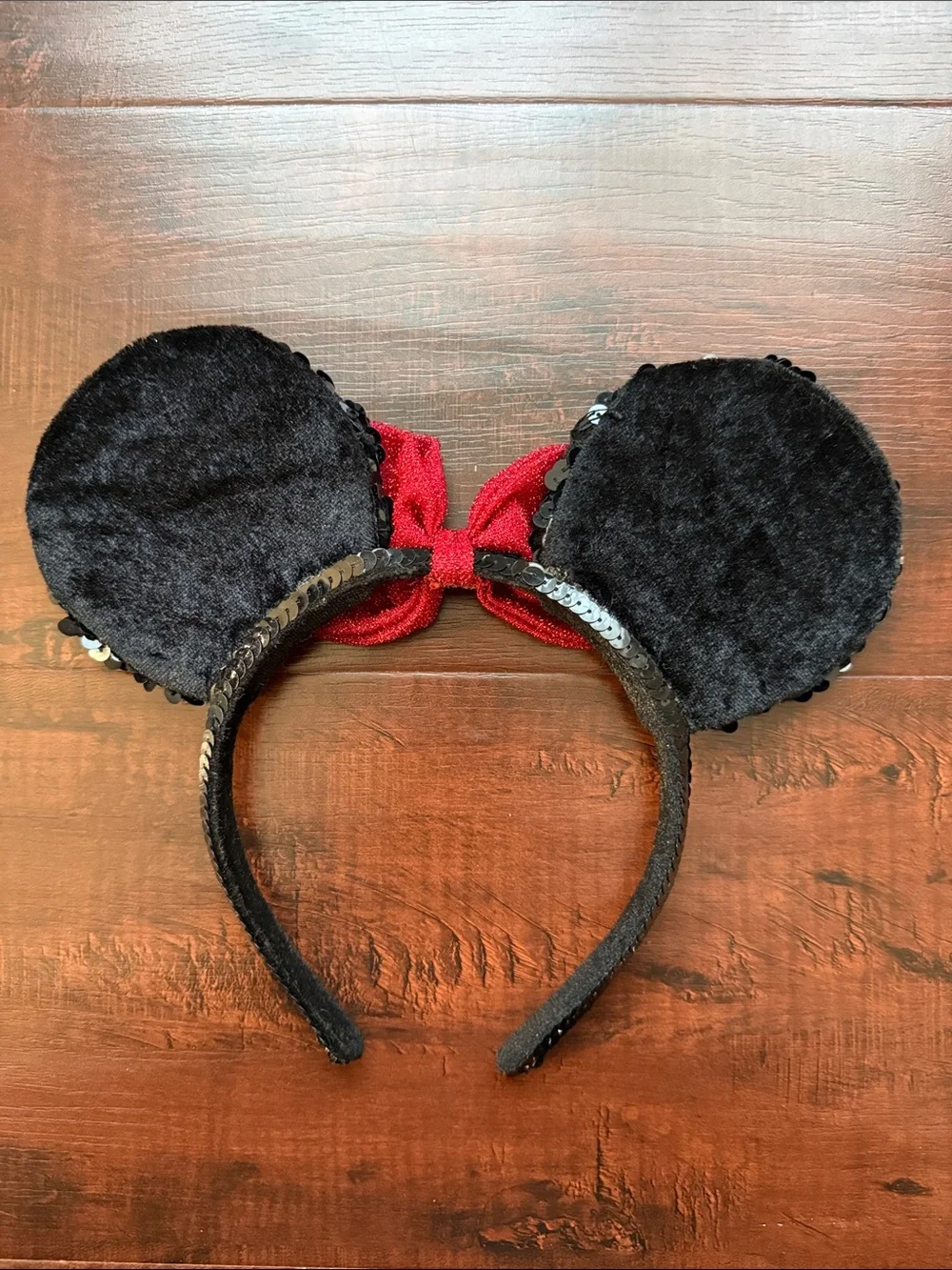 Disney Black Sequin Minnie Ears Headband with Red Bow